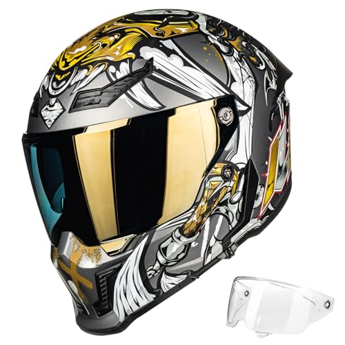 Image of ILM Motorcycle Helmets for Adult Men Women Full Face DOT ECE Powersports Dual Visor Street Racing Helmet with Pinlock Cascos para Motos Model MF509 (Ronin Gold, S)