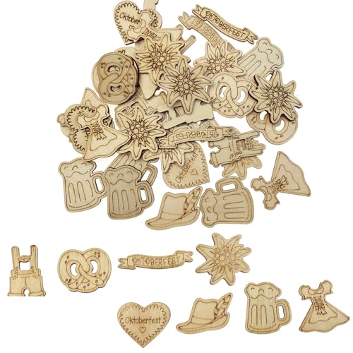 200 Stück Oktoberfest Streudeko Holz, Bayerische Tischdeko Konfetti Holz Edelweiss Bier Dirndl Brezel Lederhose Tischdeko für Bayrische Oktoberfest Party, Bier Deko,3-4cm