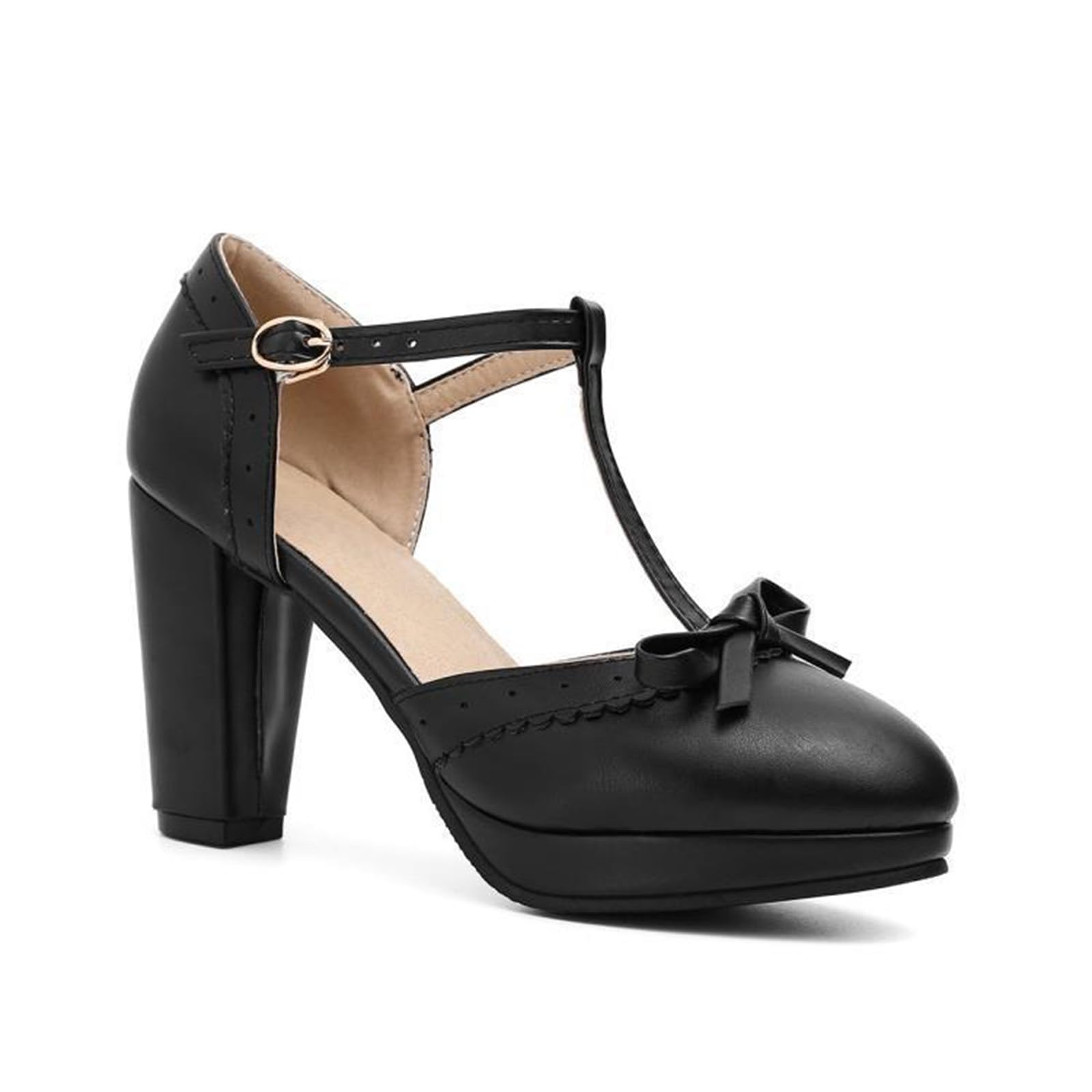10CM Tacchi Alti Caviglia Fibbia T-Strap Chunky Tacchi a Spillo Donna per Abiti da Festa di Nozze