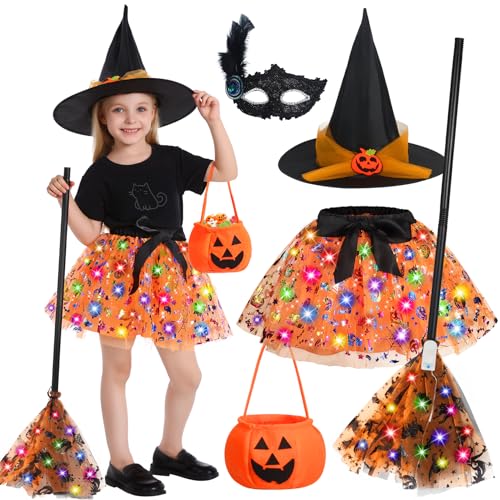 Image of Halloween Costumes for Kids Girls, Light Up Witch Costume Kids Toddler Halloween Costume with Witch Hat, Light up Tutu Skirt, LED Broom, Treat Bag, Mask for Toddler Aged 3 4 5 6 7 8（Orange）