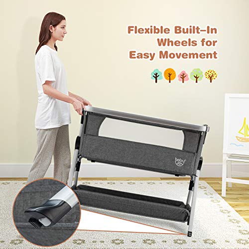 Baby Joy Bedside Bassinet, Portable Baby Crib W/Mattress, Two-Side Breathable Mesh, 7 Height Adjustable, Large Storage, Wheels For Easy Movement, Crib For Newborn Infant, Bassinet For Baby, Dark Grey #TOP3