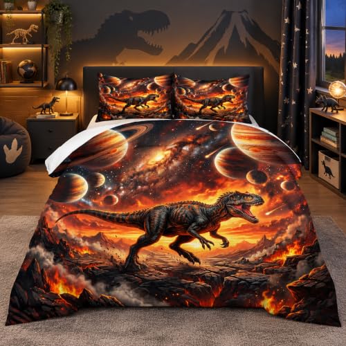 VTKON Dinosaur Comforter Set Full for Boys Kids 3 Pieces Galaxy Space Themed Dino Bedding Set with 2 Pillowcases and 1 Comforter Soft Tyrannosaurus Rex Bed Sets