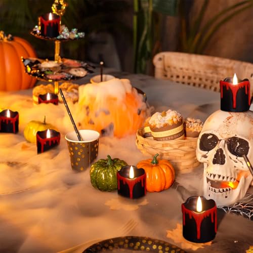 Image of Halloween Black Votive Candles Battery Operated with Long Lasting CR2450 Batteries, LED Flameless Flickering Candles with 6H Timer, 6Pcs Black and Red Drip Wax Candle Gothic Home Decor