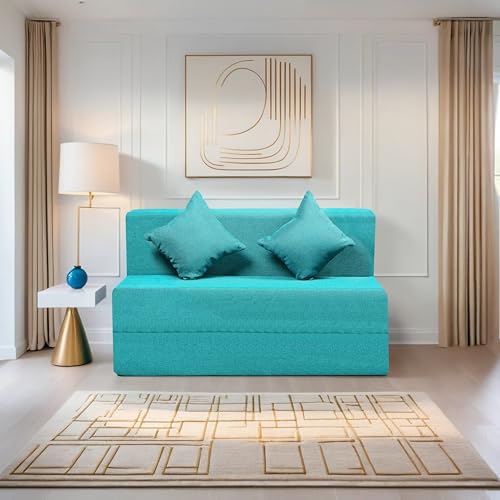 Image of Amazon Brand - Solimo 2 Seater 4 * 6 Jute Fabric Washable Cover Sofa Cum Bed with 2 Cushion 2 Seater Double Foam Fold Out Sofa Cum Bed (Finish Color - Sky Blue Delivery Condition - Pre-Assembled)