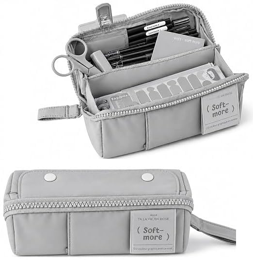 Image of Invite Multi-Functional Soft Pencil Case for Girls | Large Capacity Zipper Pouch with Multiple Compartments | Aesthetic Stationery Organizer for School, College & Office (Soft More Grey)