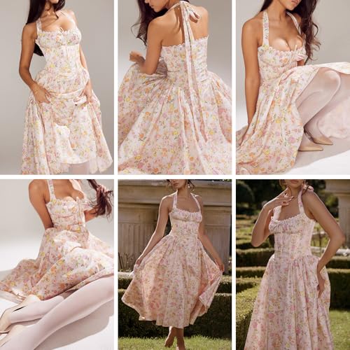 Image of Women Floral Corset Dress Halter Neck Low Cut Bustier Lace Midi Dress Flowy Pleated Hem Long Sundress with Pockets