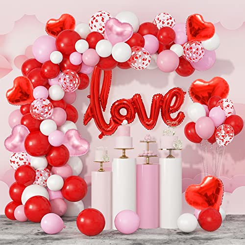 150 Pièces Décorations Saint Valentin Décoration Romantique Saint Valentin Ballon Guirlande, XXL Rouges Love Ballons, Ballons Roses et Rouges pour Anniversaire de Mariage Saint-Valentin (Roses Rouges) Cover
