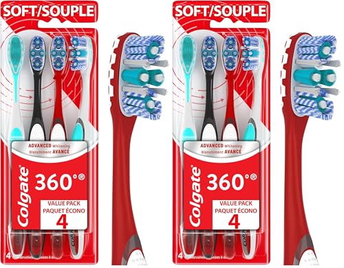 Image of Colgate 360 Advanced Whitening Soft Toothbrush Pack, 4 Adult Soft Toothbrushes with Cheek and Tongue Cleaner, Helps Clean Your Teeth, Tongue, Cheeks, & Gums, 4 - Pack (Pack of 2)