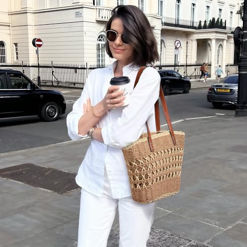 Image of Tavaleu Straw Beach Bags for Women, Tote Handbag Shoulder Bag for Women, Beach Straw Purse Buckets Summer Fashion Hobo Bags