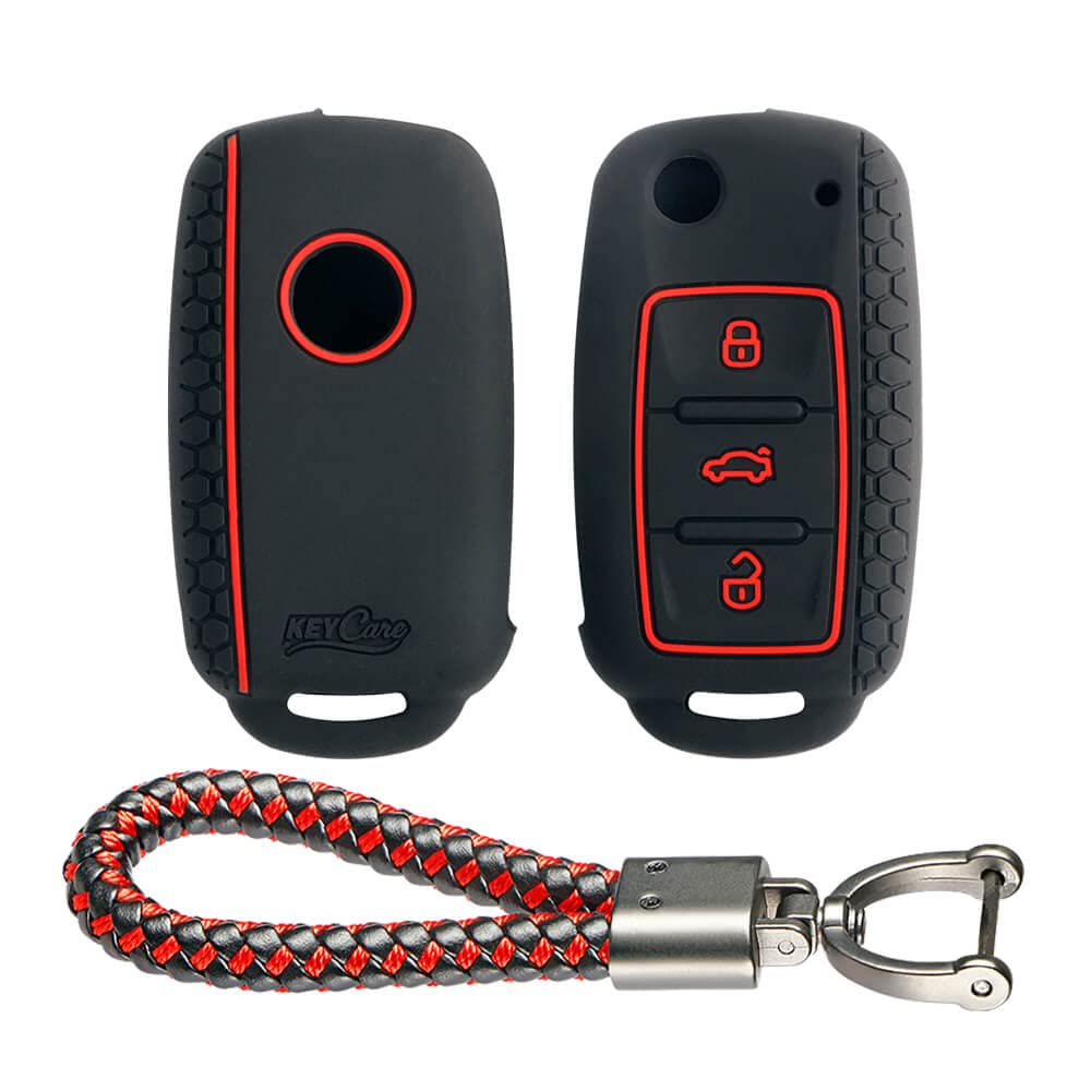 Keycare® Silicone Key Cover and Keyring Compatible for Polo, Vento, Jetta, Ameo 3 Button Flip Key (Black with Red/Black Leather Thread Keyring)