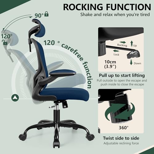 FelixKing Ergonomic Office Desk Chair with Headrest, Wheels, Adjustable Lumbar Support and Height, Swivel Comfy Task Chair with Flip-up Armrests, Ergo Mesh Backrest for Working (Navy)