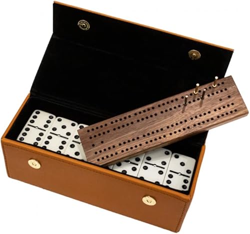 Alex Cramer Spinner - Juego de dominó giratorio de cuero caramelo - Juego de dominó profesional de torneos - con spinners - 28 dominó dobles