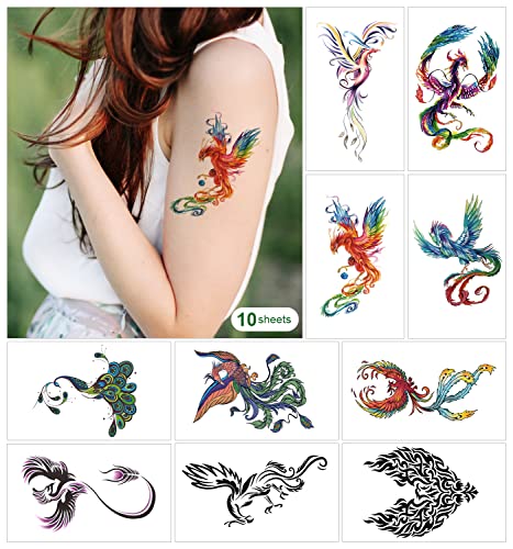 10 Sheets Phoenix Dragon Temporary Tattoos for Kids Women Men Adults, Colorful Firebird Fantastic Ornithology Animals Hand Fake Tatoo Stickers For Neck Arm Leg Chest Body (different design)