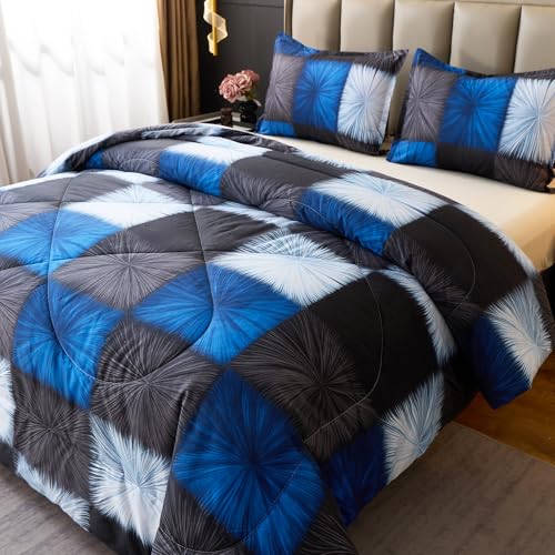 Image of Caressma King Comforter Set Black and Blue (104x90 Inch), 3 Pieces Buffalo Plaid Black and White Checkered Comforter Bedding Set, Stylish Geometric Plaid Fluffy Home Decor for All Seasons