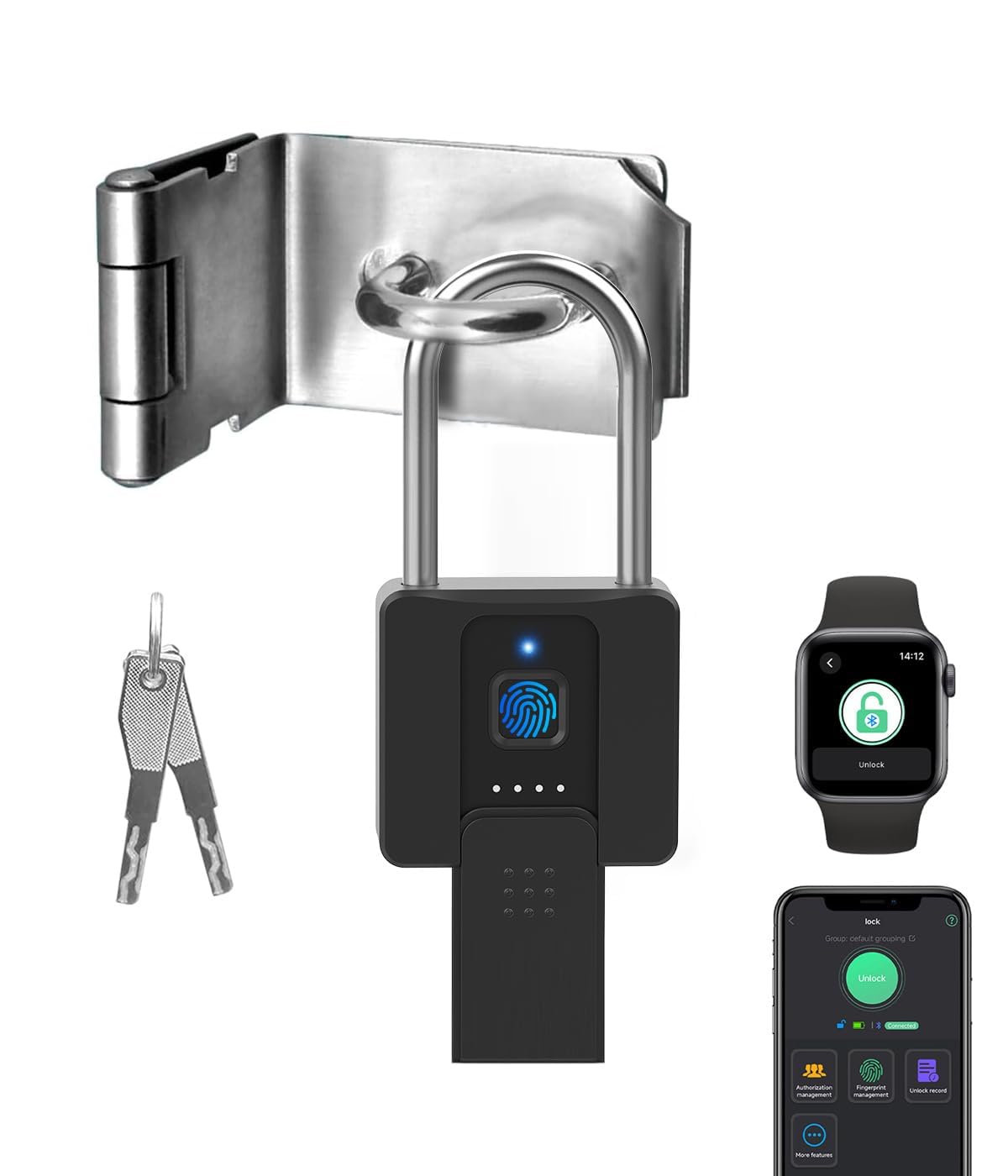 Candado largo eLinkSmart, candado con aplicación de huellas digitales, candado pesado con llave, grillete largo de 60mm, registro de desbloqueo, resistente al agua, autorización remota, USB Tipo-C