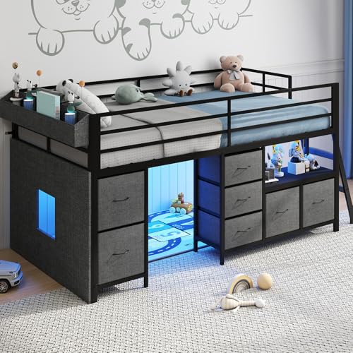 UINTAI Low Loft Bed with 7 Storage Drawers and Bookcase Twin Low Loft Bed for Kids with 14 H Safety Guardrail Inclined Ladder and LED Lights Under-Bed Play Space Steel Slat Support Gray