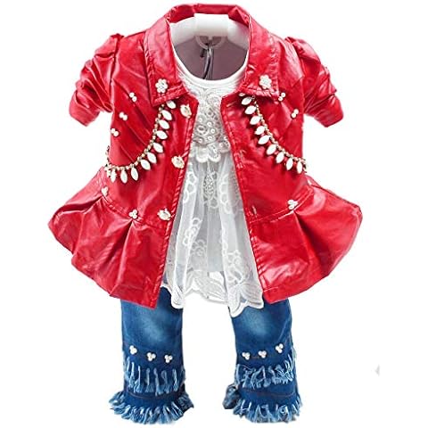 Spring Autumn Little Girls Clothing Set 3pcs Long Sleeve T-Shirt Leather Jacket and Jeans(2y,red) Cover
