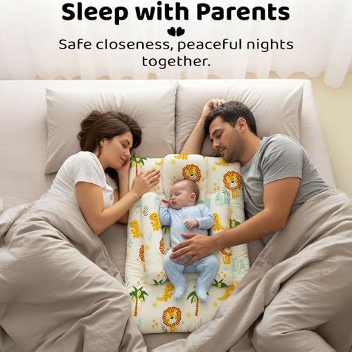 Image of StarAndDaisy Newborn Baby Bedding Nest 100% Cotton Cushioned Mattress Sheet with 2 Side Bolster Pillows & 1 Head Pillow Breathable & Soft Boys & Girl Design Safari Print