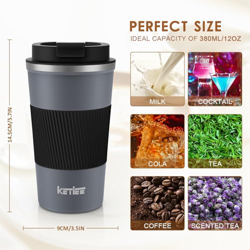 KETIEE Travel Coffee Mug Spill Proof 12oz, Insulated Reusable Coffee Cups with Seal Lid, Vacuum Stainless Steel Travel Mug to Go Car Tumbler for Hot/Ice Drinks (Grey)