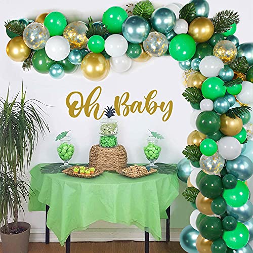 Kit Guirlande Ballon Arche Vert, Jungle Forêt Decoration Baby Shower Ballon, Oh Baby Ballons Vert et Confettis Dorés avec Feuilles de palmier pour Décorations de Fête D'Anniversaire Deco Baby Shower Cover