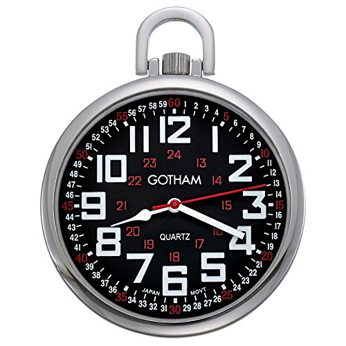 Image of Gotham Men's Silver-Tone Slim Railroad 24 Hour Open Face Quartz Pocket Watch # GWC15029SBK