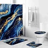 EMMTEEY 4 Pcs Shower Curtain Sets with Rugs Luxurious Navy Blue Marble Bathroom Sets with Shower Curtain and Rugs Modern Abstract Bathroom Decor Accessories for Bathroom Toilet Lid Cover