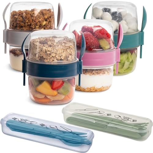 Sanrik 4-Pack 800ml Overnight Oats Jars with Lids – Reusable Breakfast Pots for Yogurt, Granola, Porridge – Plastic Containers with Spoon Holders – Includes 2 Cutlery Sets (Fork, Knife, Spoon in Box)