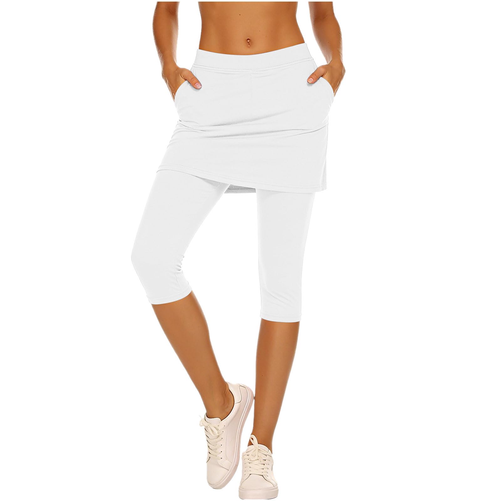 3/4 Leggings Damen mit Rock 2 in 1 Sporthose Sport Trainingshose Leichte Yogahose Tennis Sweatpants Yoga Fitnesshose Gym Trackpants Bequeme Rockhose Stretch Laufhose