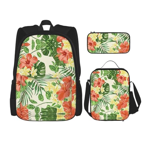 Hojas Tropicales Y Flores 3-Piece Set Backpack, Lunch Bag, And Pencil Case, Casual Cute Sets For Travel And College