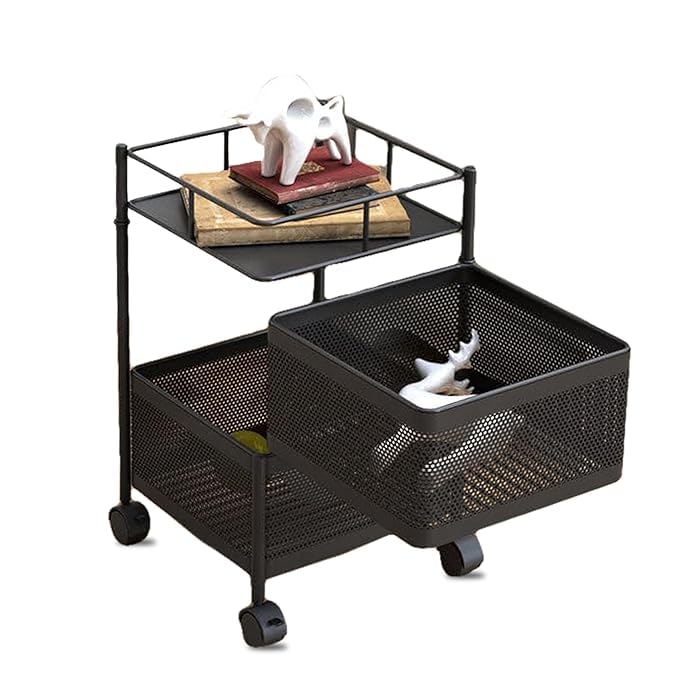 Image of KITCHIVO Kitchen Storage Rack | Revolving Vegetable Rack | Square Multipurpose Storage Trolley with Wheels | Metal Fruit Rack (Black, 2 Layer)