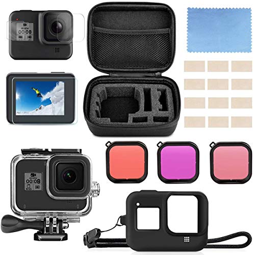 micros2u Accessory Kit compatible with GoPro Hero 8 Black. Bundle Includes Waterproof Housing + Tempered Glass Screen Protector + Carrying Case + Silicone Sleeve Case + Dive Filters + Anti-Fog Inserts