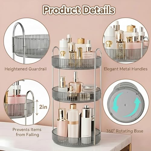 Image of JD FRESH 360 Degree Rotating Makeup Organizer 3 Layer Cosmetic Storage Box Vanity Stand with Drawers for Lipsticks Skincare Perfume Bathroom Countertop Dressing Table Organizer (Light Grey)