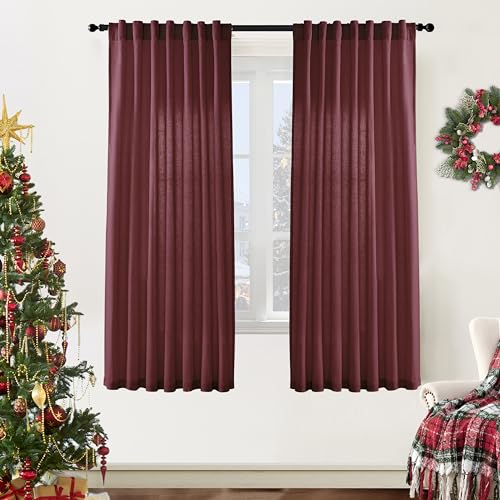 Image of XTMYI Dark Red Burgundy Curtains 63 Inch Length for Dining Room Kitchen Window,2 Panels Light Filtering Semi Privacy Linen Sheer Curtain for Bedroom
