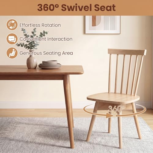 Image of COSTWAY Swivel Windsor Dining Chairs Set of 2, Farmhouse Solid Rubber Wood Kitchen Side Chair w /Curved Spindle Back, Armless Accent Chairs for Home, Dining Room, Living Room, Restaurant (Natural)