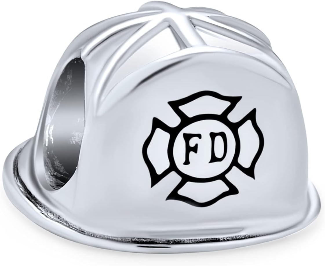 Fire Department Firefighter Helmet Fireman Serve Protect Badge Police Shield Western Marksman Pistol Revolver Gun Charm Bead For Women For Teen Wife .925 Sterling Silver Fits European Bracelet