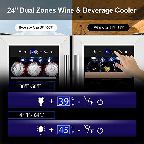 TYLZA Wine and Beverage Refrigerator, 24 Inch Built-In Dual Zone Wine and Beverage Cooler, Freestanding French Door Drink Fridge, Wine Beer Cooler Under Counter Refrigerator with Memory Temperature Control