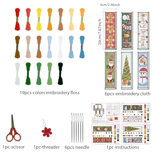 Image of FREEBLOSS 6 Set Cross Stitch Bookmark Counted Cross Stitch Kit with 6 Different Christmas Patterns Embroidery Kit with Instruction DIY Bookmark Kit for Gift Adults 8''x2.4''