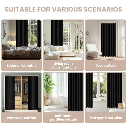 Image of AJAZZ 100% Blackout Sliding Door Curtains for Doorways, Accordion Doors Magnetic Door Curtain for Bedroom Living Room Doorway Curtain Sets (1 Pack, 44 W x 78 L,Black+Rod)