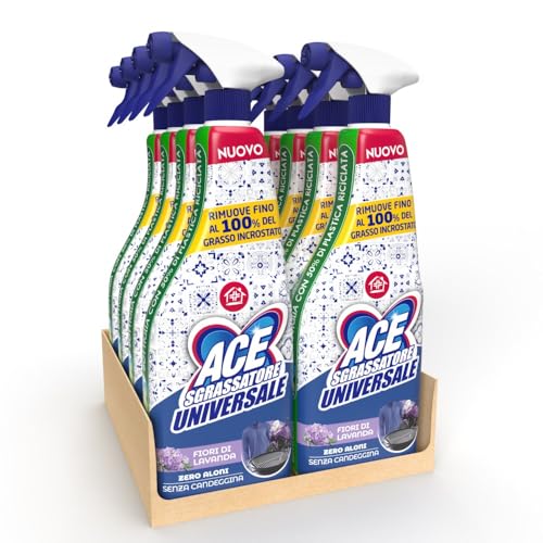 ACE Spray desengrasante universal, sin lejía, sin rayas, sin manchas, perfume de flores de lavanda, 8 botellas de 600 ml