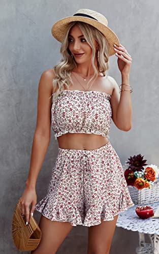 Ecowish Women's Two Piece Outfits Summer Floral Strapless Crop Tube Tops And Shorts Set Ruffle Sexy Beach Outfits White Red Medium #TOP1