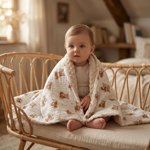 Image of GLLQUEN BABY Blankets for Boys Girls, Soft Muslin Cotton Front Dotted Fleece Backing, Nursery Minky Crib Blanket for Infant Toddler, 30 x 40 inches Throw Blanket, Bears