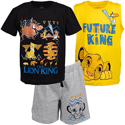 Image of Disney Lion King Toy Story Mickey Mouse Cars T-Shirt Tank Top and French Terry Shorts 3 Piece Outfit Set Toddler to Big Kid