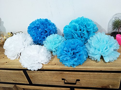 Birthday Party Decorations Baby Blue White Turquoise Blue Tissue Paper Pom Poms Snow Theme Party Decor Baby Boy First Birthday Decorations Circle Garland Whales Boy Baby Shower Decorations #TOP4