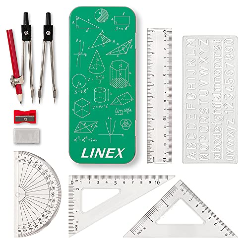 Linex Geometrie-Set, mit Zirkel, Bleistift, Radierer, Spitzer, Winkelmesser, Geodreieck, Lineal und Aufbewahrungsetui-Metallbox