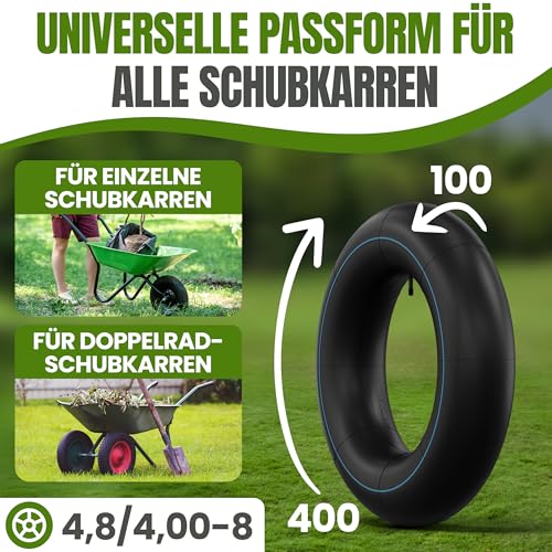 TENE® 2X Stück Premium 4.8/4.00-8 Schlauch für Schubkarre, Rasenmäher und mehr - aus robustem Butykautschuk doppelt gelegt für Lasten bis 170 kg inkl. Autoventil