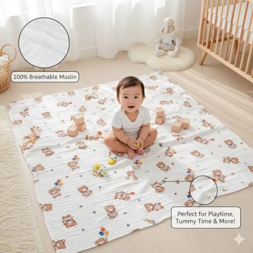 Image of Kassy Pop Muslin Cotton Bath Towel Cum Baby Swaddler | Extra Soft Towels for Newborn 0 to 3 Years l 100% Organic Cotton wash Towel | 105 X 105 cm (Teddy Ballon Print)