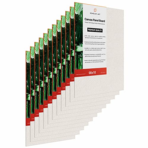 Image of Scholar Art Hobby Series 04 Oz (230 GSM) 100% Cotton Canvas Panel Board for Painting (White Blank Canvas Boards for Acrylic Paint, Oil Paint, Wet & Dry Media) | 08 inchx10 inch (20x25 cm), Pack of 12