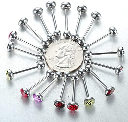 Kakonia 30pcs Fancy Words Pictures Logo Stainless Steel Straight Barbells Tongue Rings Bars Piercing Jewelry