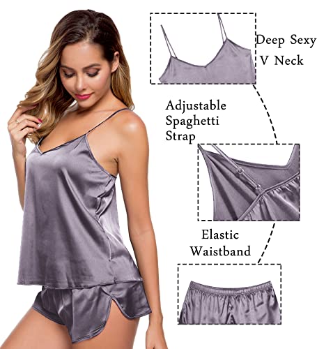 Image of SWOMOG Womens Silk Satin Pajamas Sets 4pcs Sleepwear Sexy Cami Shorts Set and Button Down Short Sleeve Pjs Loungewear Chestnut Large