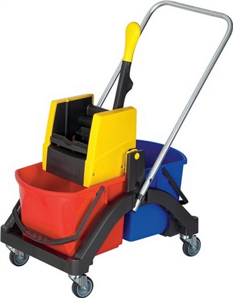 VERMOP Juego de carro de limpieza 2 cubos de 17 l con soporte para aspersores/5 trapeadores húmedos